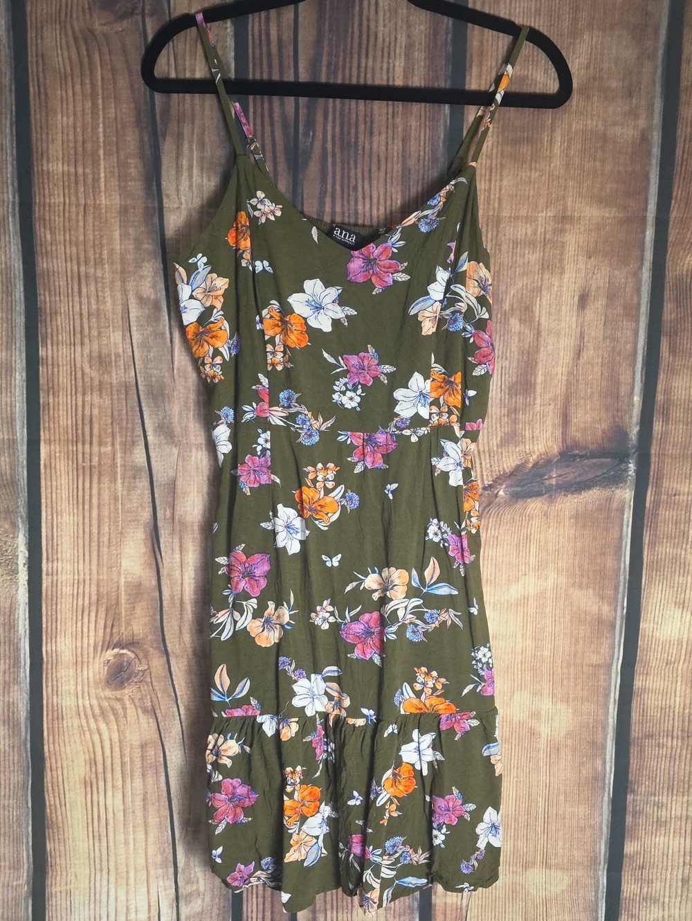 A.N.A MEDIUM Olive Green Floral Tiered Spaghetti-Strap Dress